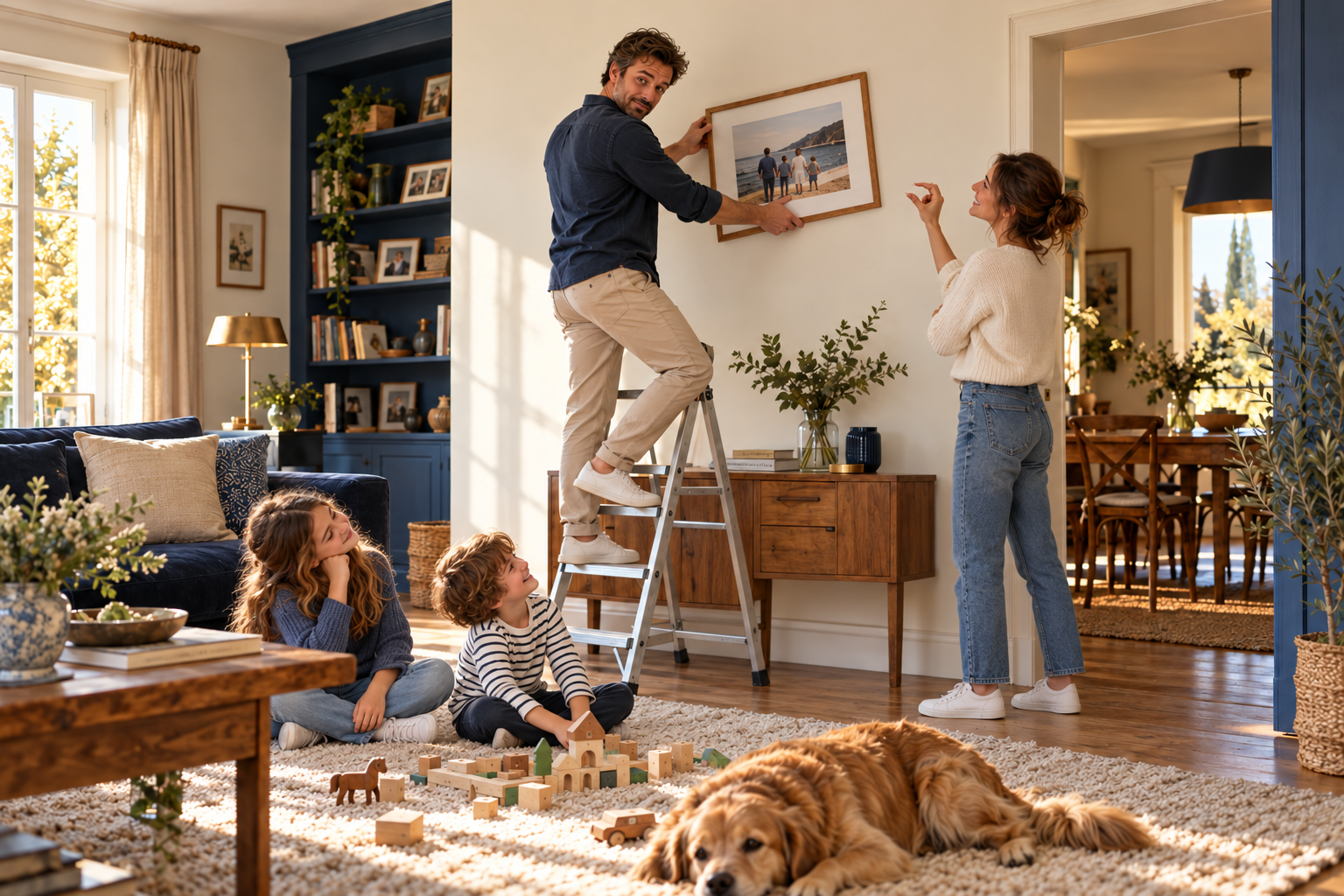 Une famille amusée conseille un papa sur son escabeau pour redresser un cadre de travers.